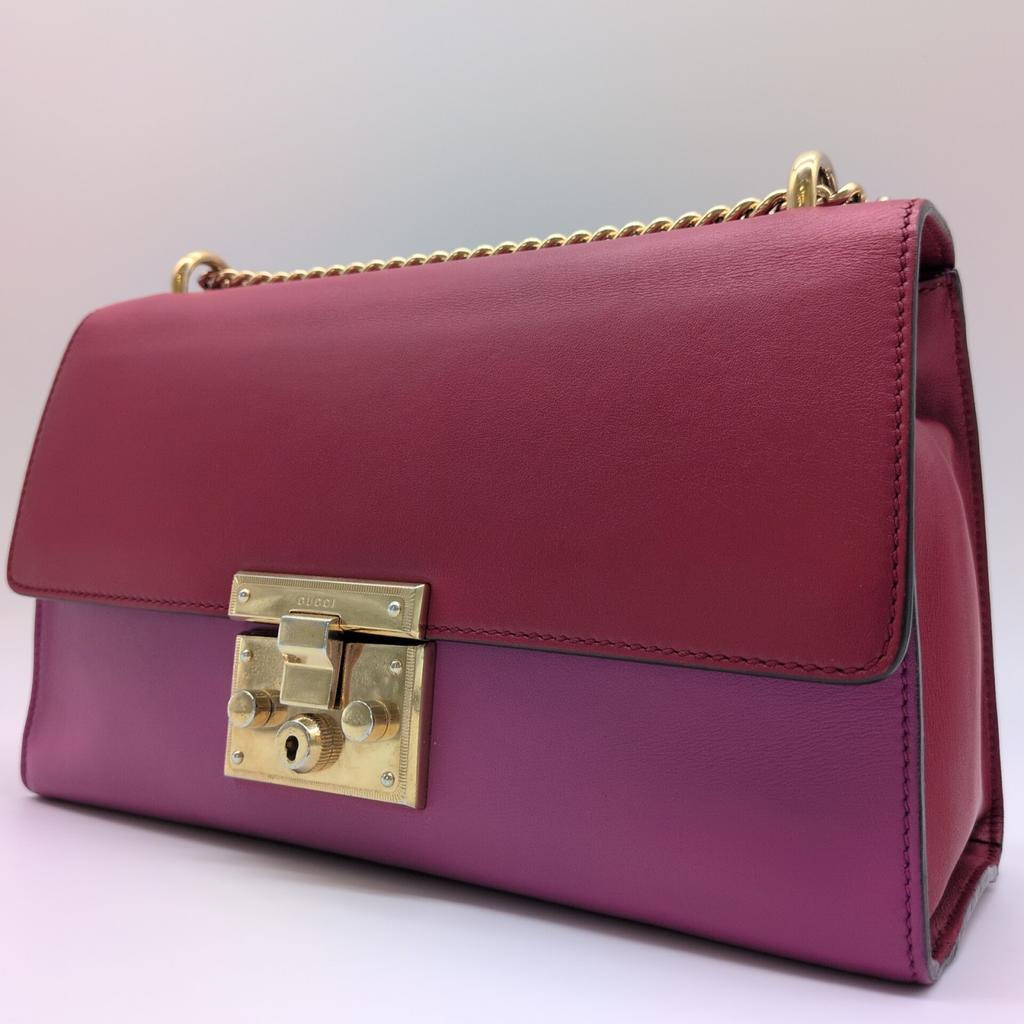 Gucci Gold Chain Shoulder Bag Crossbody Diagonal Strap 409486 Padlock Two-Tone Bicolor Pink Red Leather Women's
