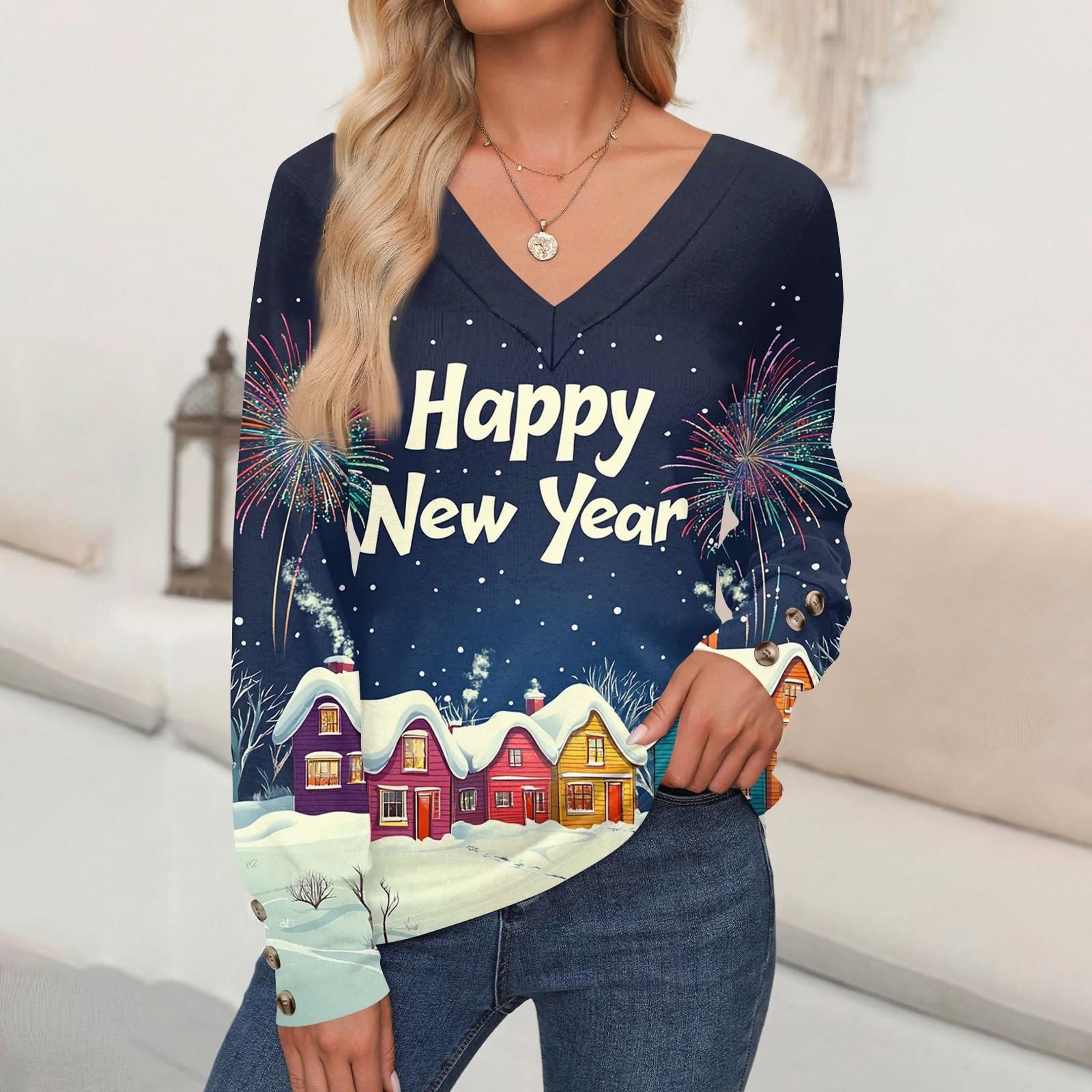 

Женская мода повседневный свитер с длинным рукавом и V-образным вырезом с рождественским принтом XL синий