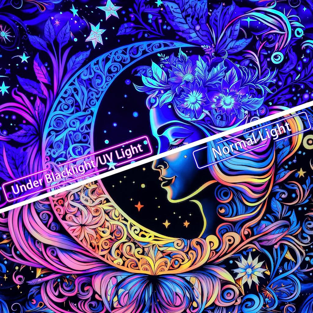 AtawLege Blacklight UV Reactive Wall Art - Moon and Star Tapestry, Sun Mandala Tapestry, Aesthetic Boho Wall Hanging for Bedroom (51.2 X 59.1 Inches)