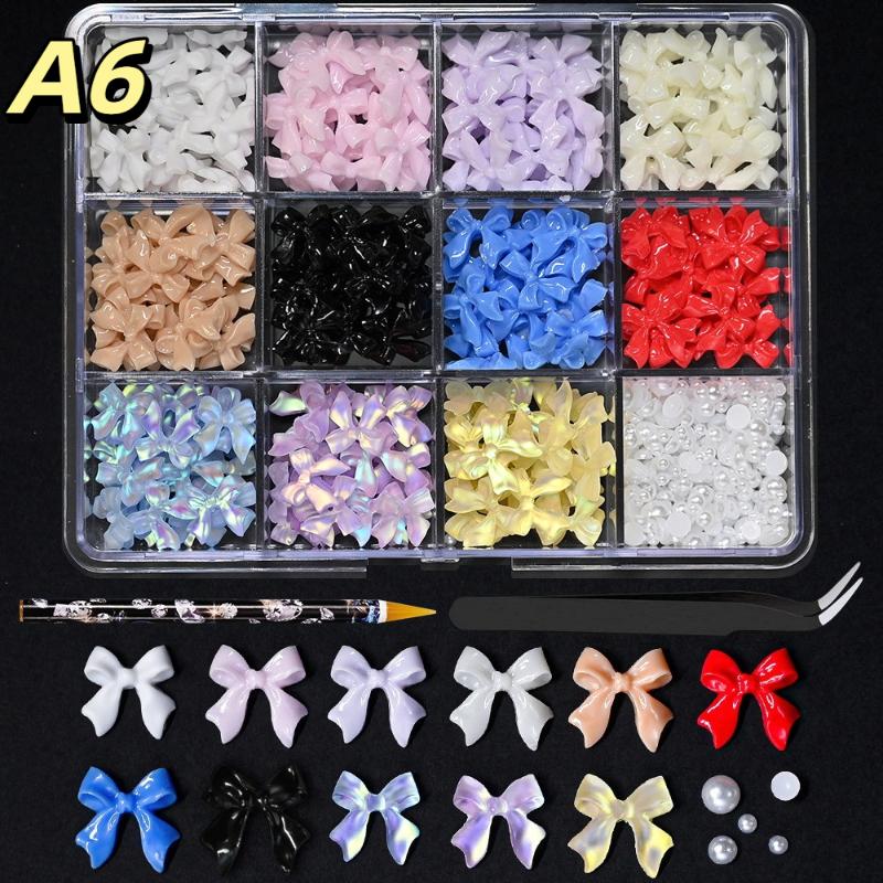12/15 Grids/Box Mixed Resin Bowknot Nail Charms 3D Colorful Bow  Nail Art Decorations Diy Manicure Parts With Tools