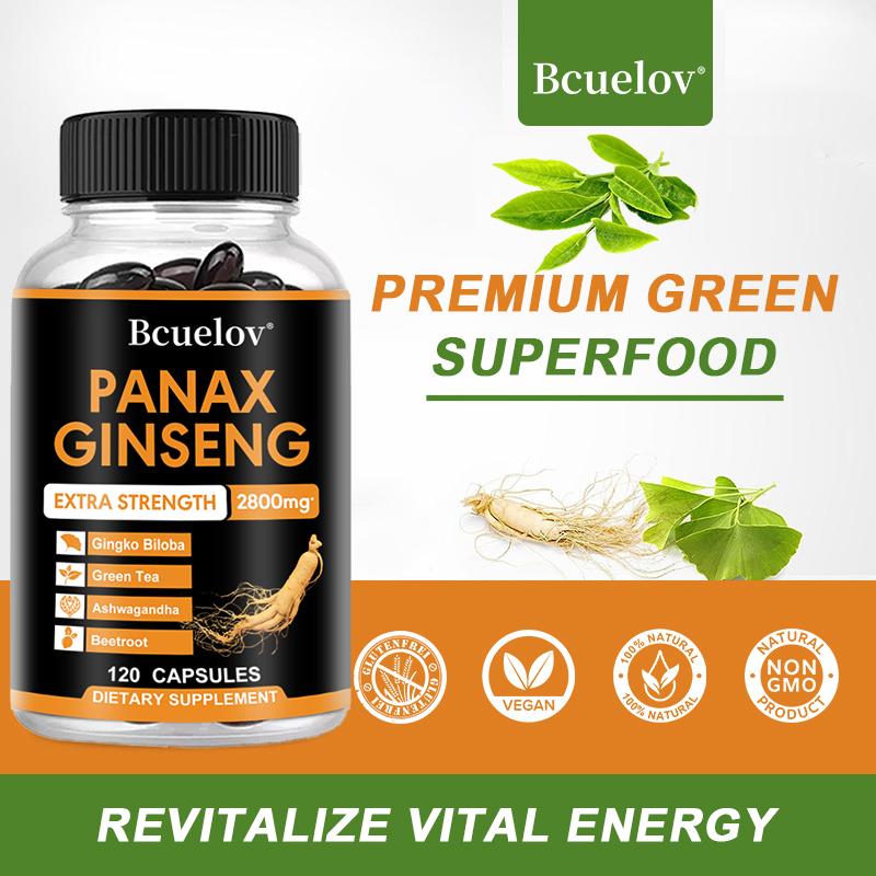 Bcuelov Korean Ginseng Capsules 2800mg with Ginkgo Biloba Leaves and South African Drunken Eggplant to Boost Energy and Endurance 120 Capsules