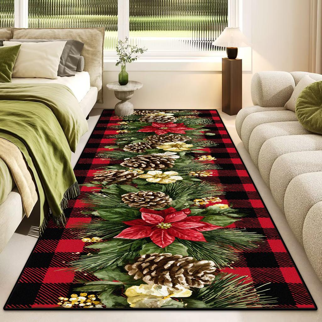 Merry Christmas Poinsettia Plaid Kitchen Rug Lliving Room Entrance Non-slip Door Mat Balcony Bath Floor Mat Christmas Decoration