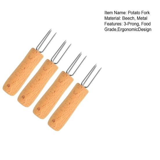 4Pcs 3-Prong Metal Potato Forks with Beech Wood Handle Reusable Cooking Corn Skewers Kitchen Utensil