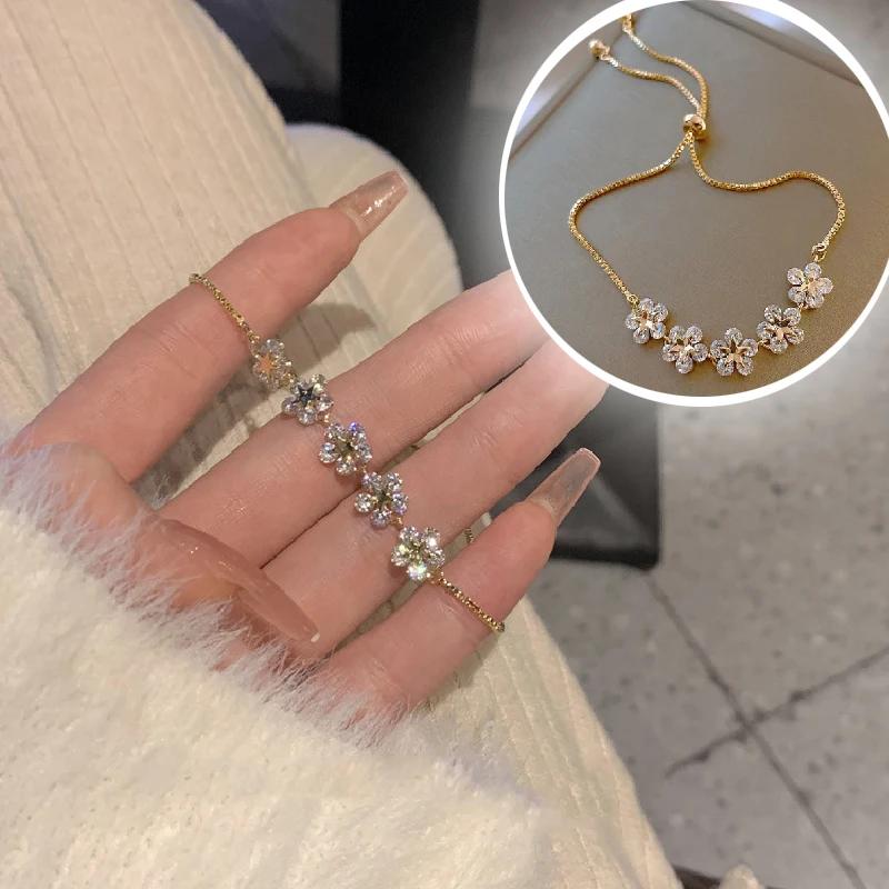 New Fashion Zircon Flower Adjustable Bracelet for Women Elegant Love Heart Butterfly Round Shiny Wedding Bracelet Jewelry Gift