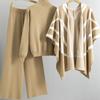 Elegant Chic Knitted 3 Piece Sets Women Solid Turtleneck Sweater Knitwears Shawl Suits Casual High Waist Sweatpants Setleri New