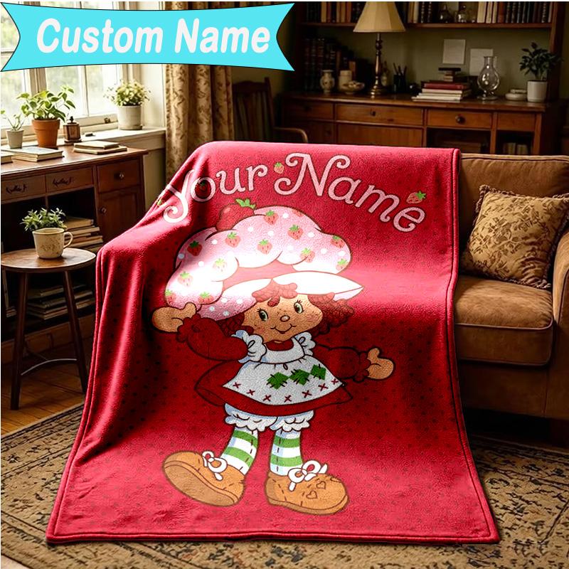 1PC Custom Name Blanket Straw-berry Friends Flannel blankets Patterns Throw Blanket All-Season Soft Gift for Couch, Bed, Camping, Birthday gifts