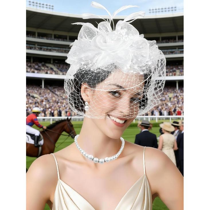 Fascinators Hat for Women Tea Party Funeral Veil Mesh Hats Wedding Lace Gloves Set for Cocktail First Communion