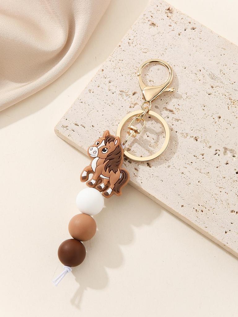 European & American Monogram Silicone and Wood Beads Tassel Keychain Bracelet