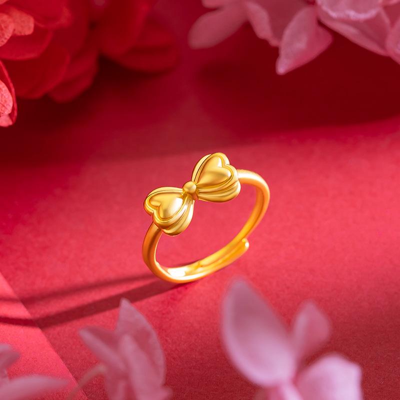 

Gold-Plated Princess Bow Adjustable Ring with Diamonds - Sweet Open Design for Women
