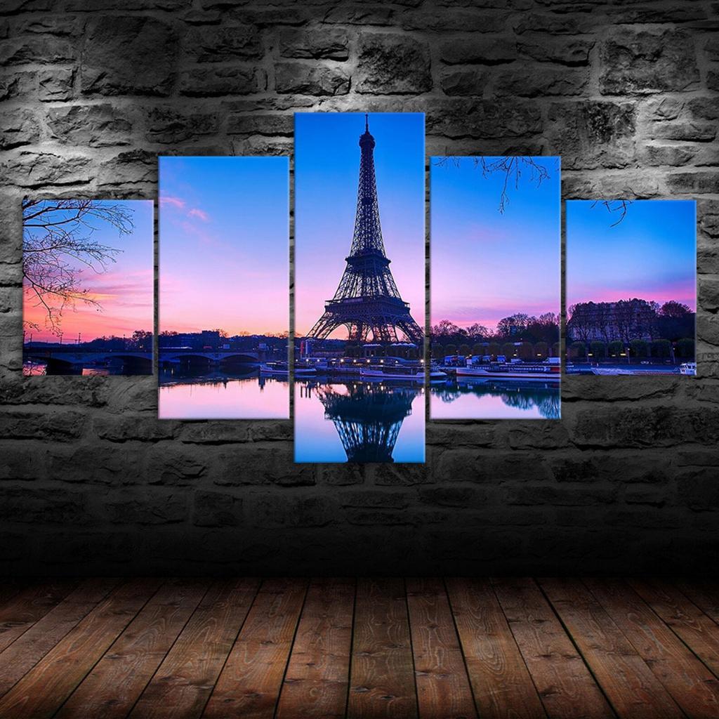 Eiffel Tower Paris Pink Sunset Scenery 5 Piece Five Panel Wall Canvas Print Modern Art Poster Picture Home Decor Gift For Him For Her
