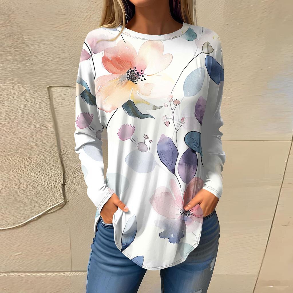 Women's Fashion Casual Round Neck Floral Long Sleeve T-shirt Pullover Long Sleeve Top