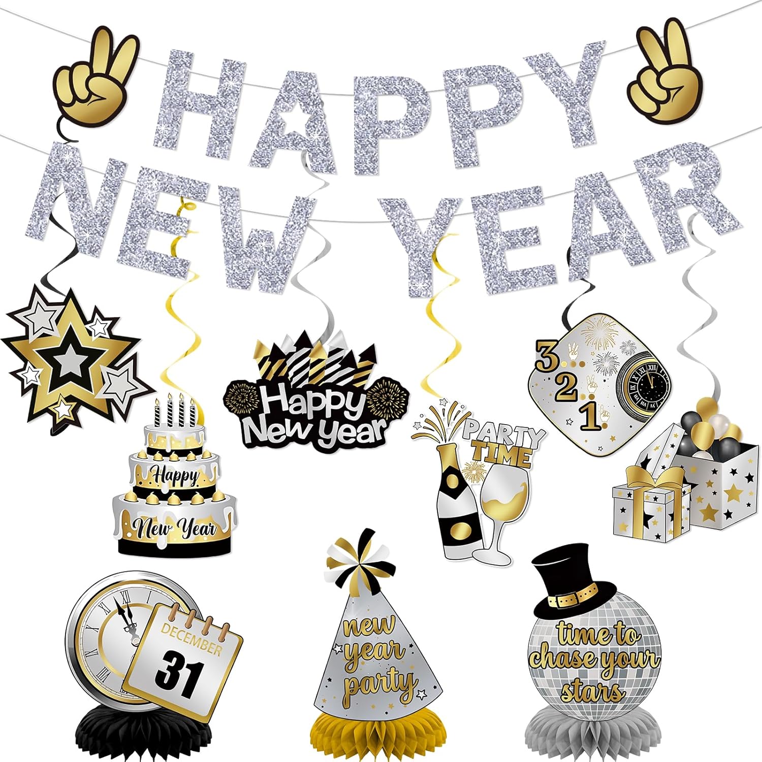 Happy New Year Banner Silver: Glitter New Years Eve Party Supplies 2026 Happy New Years Decorations 2026 Nye Party Home Office Decorations Supplies