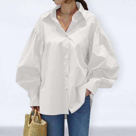 Turn-down Collar Single Breasted Anti-pilling Women Shirt Casual Lantern Sleeve Fashion Shirt Blouse Female Clothing