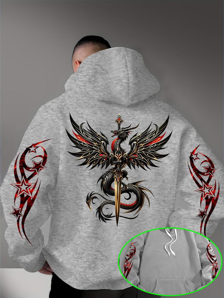 Men's Gothic Dragon Sword Hoodie Red Gold Dragon Graphic Black Streetwear Pullover Sweatshirt Hip Hop Sport Casual Top
