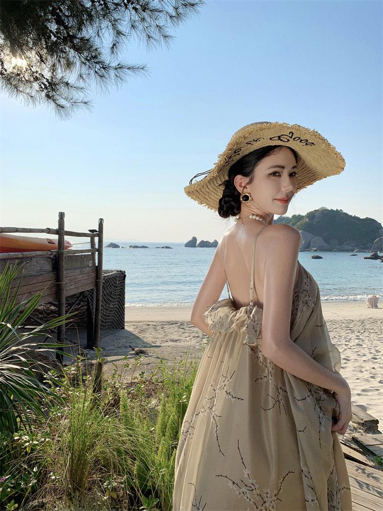 #Flowering Chinese style lotus leaf edge suspender dress vacation style temperament skirt khaki chiffon