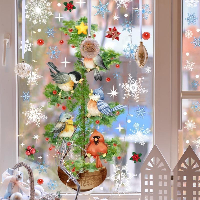 Snowflake Wall Sticker Christmas Tree Bird Christmas Wall Sticker Static Glass Sticker Window Sticker Home Decoration Wall Sticker