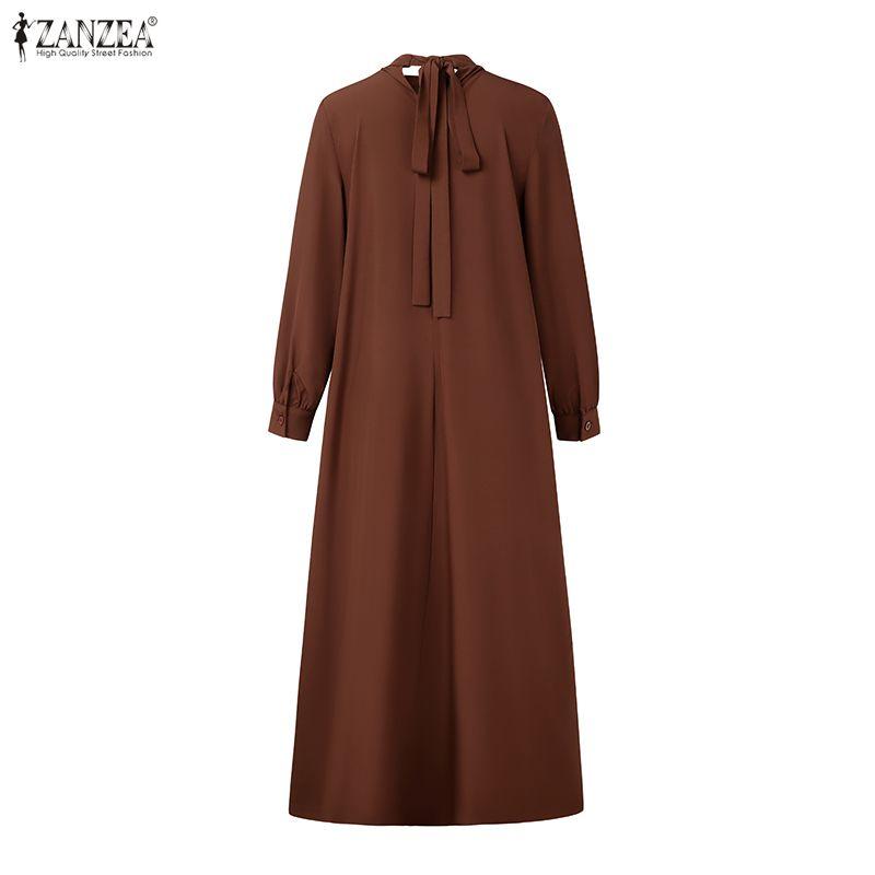 ZANZEA Women Casual Round Neck Loose Long Sleeve Pleated Long Dress