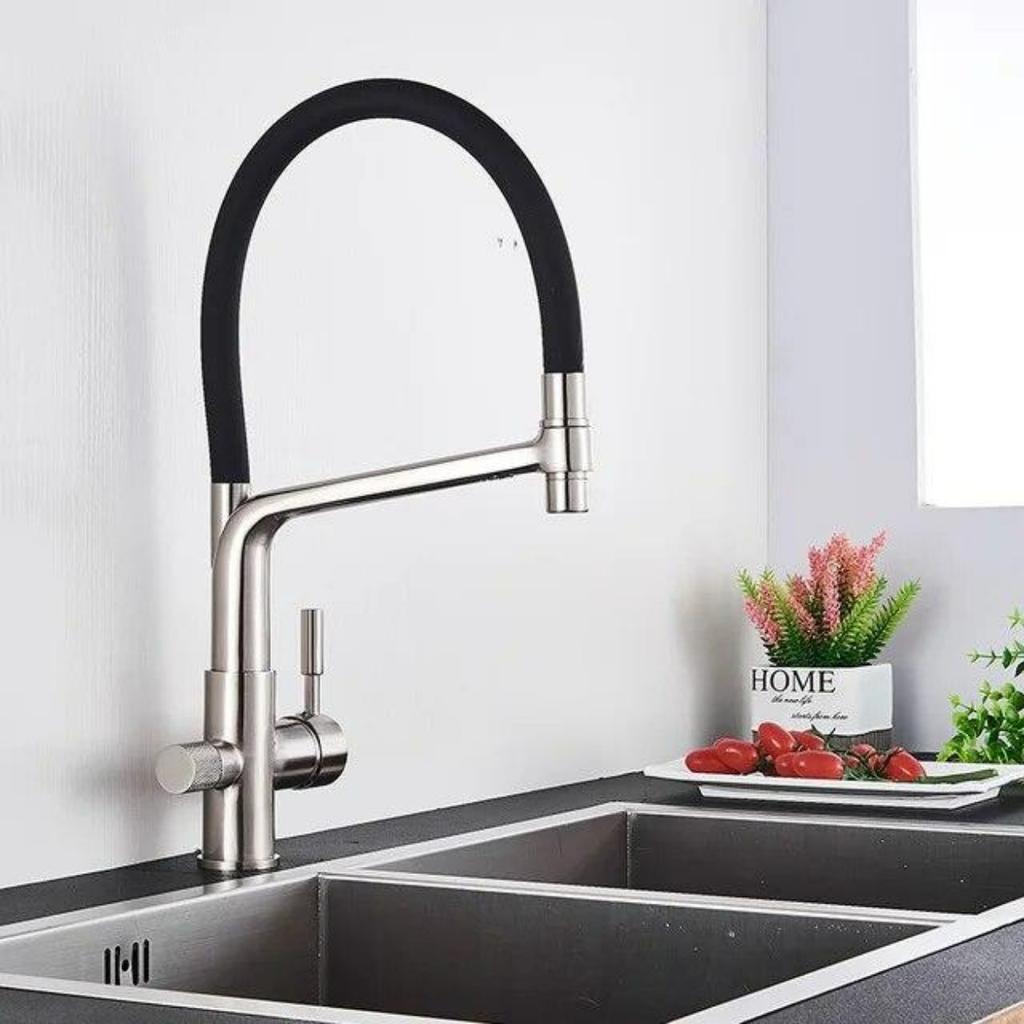 Filter Kitchen Faucet Black Dual Spout Drinking Water Faucet Mixer 360 Degree Rotation Hot Cold Water Purification Feature Tap
