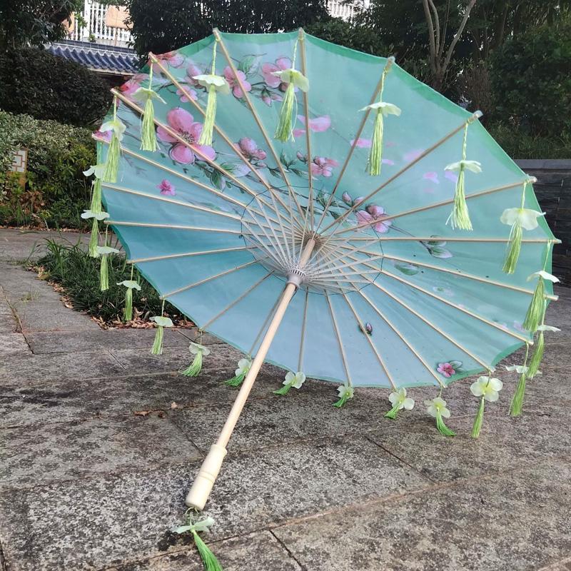 1PC Umbrella 70/82CM Oil Paper for Women Girl Performance Photo Props Antique Umbrella Parasol Satin Cloth Tassel