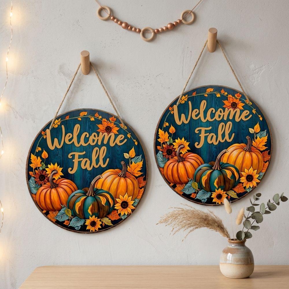 Rustic Welcome Fall Round Wooden Sign Autumn Leaf Wear-resistant Autumn Harvest Wall Decor Vintage Style Long-lasting