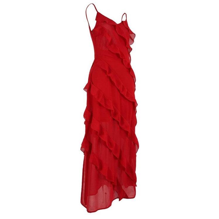 Backless Elegant Maxi Dress Women Sexy Ruffle Sundresses Sleeveless Spaghetti Strap Club Party