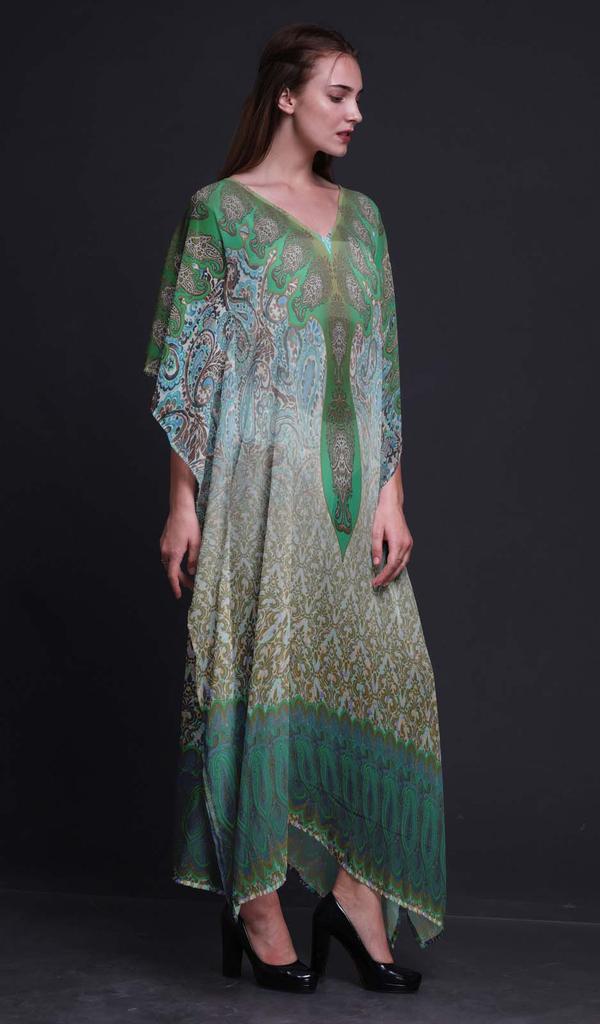 Phagun Women's Long Beach Kaftan – Floral & Paisley Print, 52 Inches, Polyester Georgette Cover Up