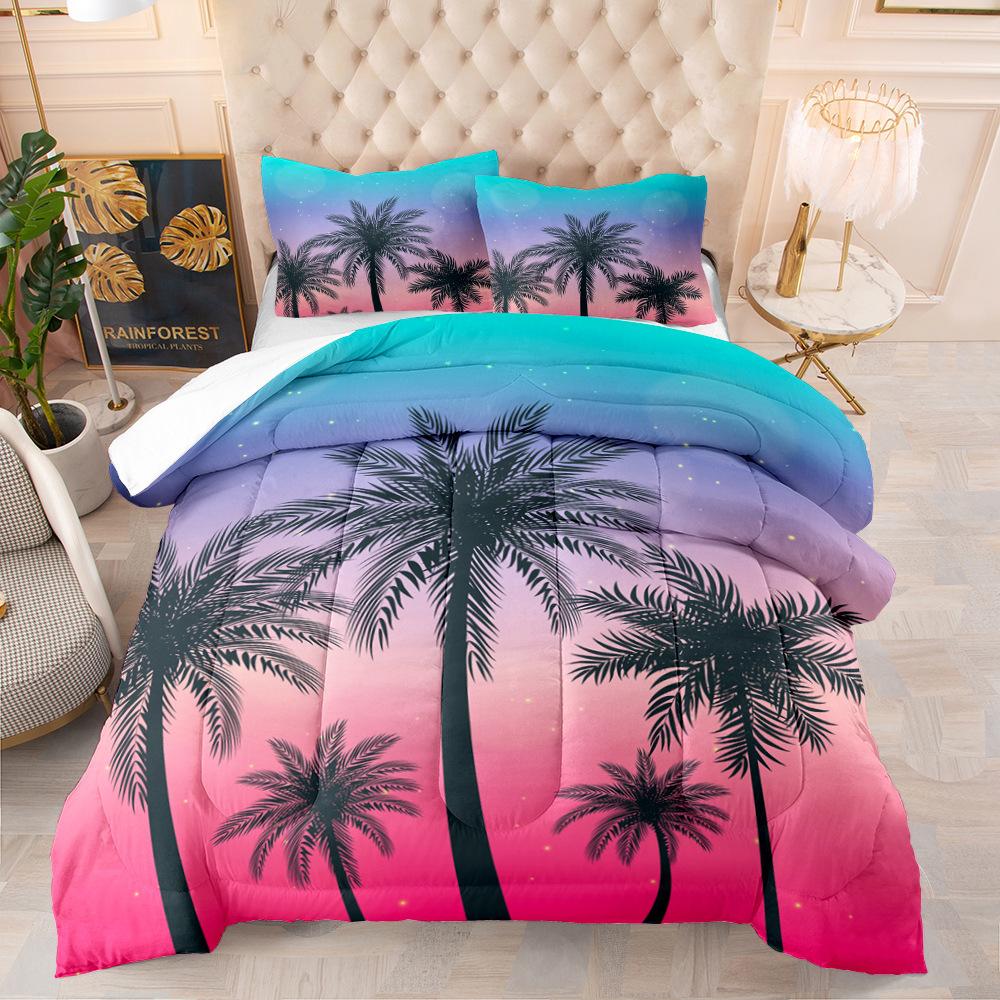 

3D Digital Print Quilt Sunset Coconut Tree Fat Quilt Feather Silk Cotton Bedding, Three-Piece Set 90*190
