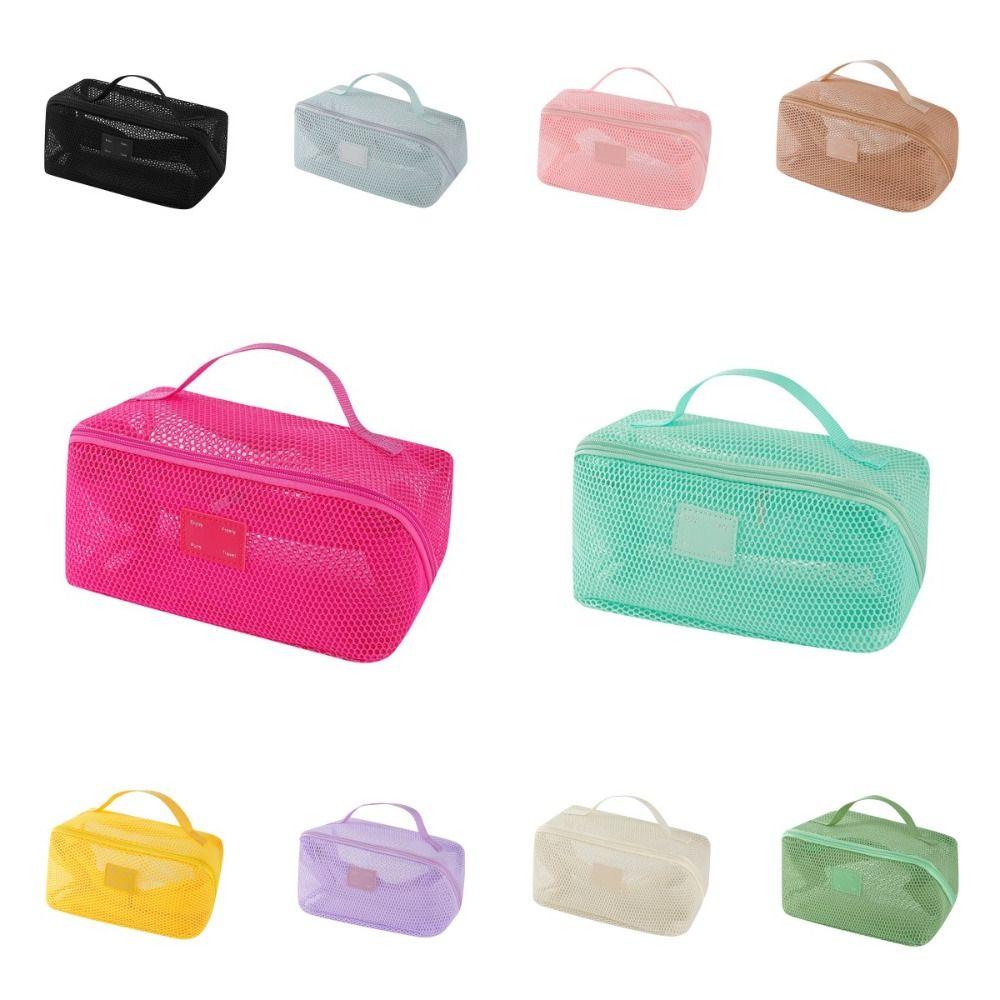 Solid Color Mesh Cosmetic Bag Zipper Toiletry Storage Bag Portable Makeup Pouch  Women/Girls