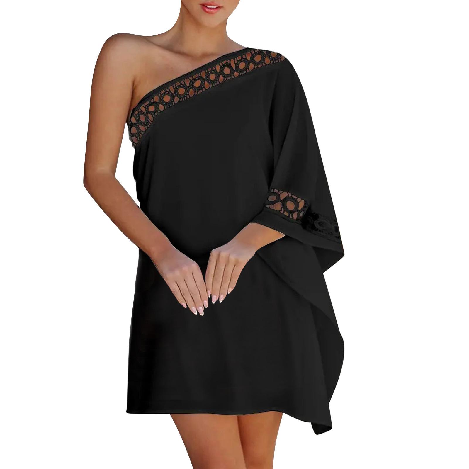 Wish Ladies Solid Color Slash Shoulder Lace Patchwork Dress S чёрный