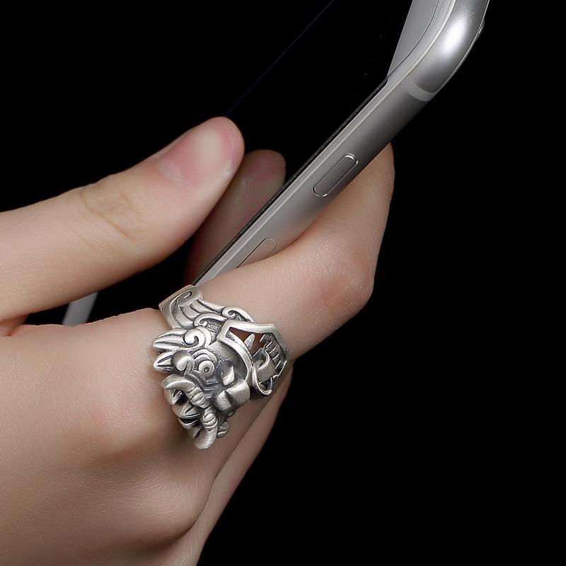 Yintai Feifei Ethnic Thai Silver Taotie Ring: Unique, Adjustable Open Ring for Men and Women