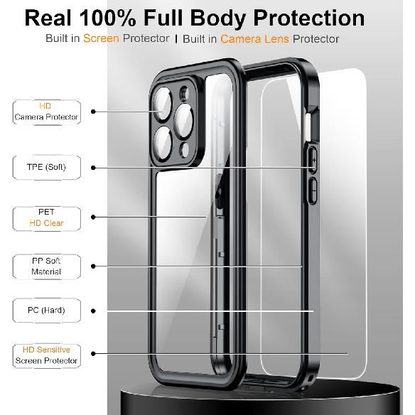 Temdan for iPhone 14 Pro Max Case Waterproof, [Built-in Screen Protector][IP68 Underwater][14FT Military Dropproof][Dustproof][Real 360] Full Body