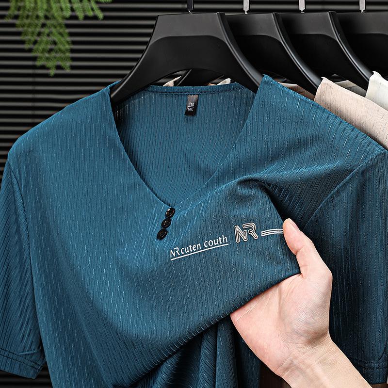 Short Sleeve T-Shirt Men s Summer V-Neck Middle-Aged & Young Crew Neck Top M