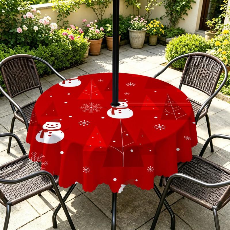Outdoor Christmas Tablecloth Round Waterproof Oil-Resistant Patio Table Cover Garden Deck Umbrella Hole