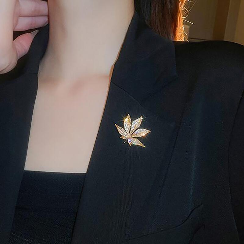 Elegant Maple Leaf Brooch with Rhinestone Embellishments