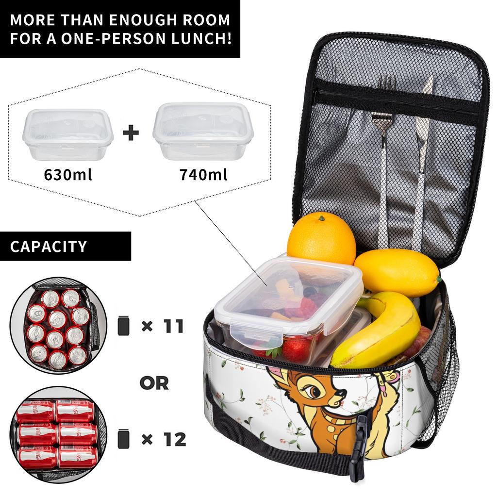 Bambis Cartoon Deer Insulated Lunch Bags Portable Reusable Cooler Bag Tote Lunch Box College Outdoor Food Bag
