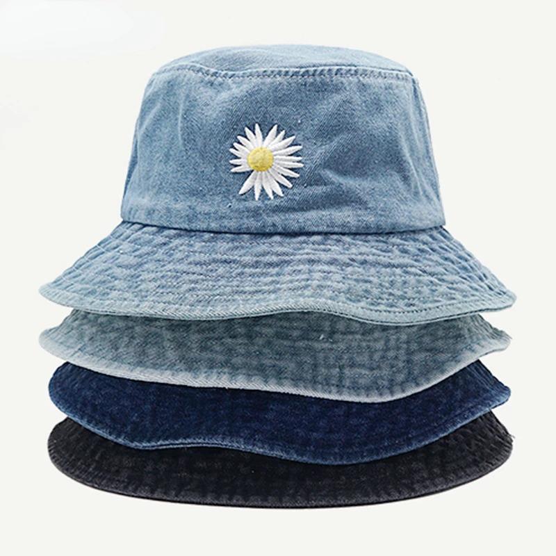 Korean New Ins Daisy Embroidery Bucket Hats Women Men Panama  Summer Sun Hat Fashion Flower Bob Washed Denim Basin Cap