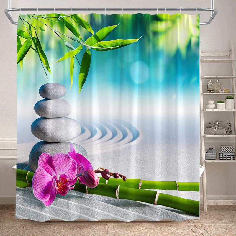 Zen Shower Curtain Natural Flowers Butterfly Grey Stone Reflection Spa Scenery Home Bathroom Decor Polyester Fabric Bath Curtain