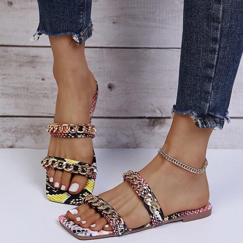 Summer Shoes  Snake Pattern Artificial Leather Women Flat Sandals Sexy Ladies Shoes Roman Beach Sandals Big Size Flip Flops