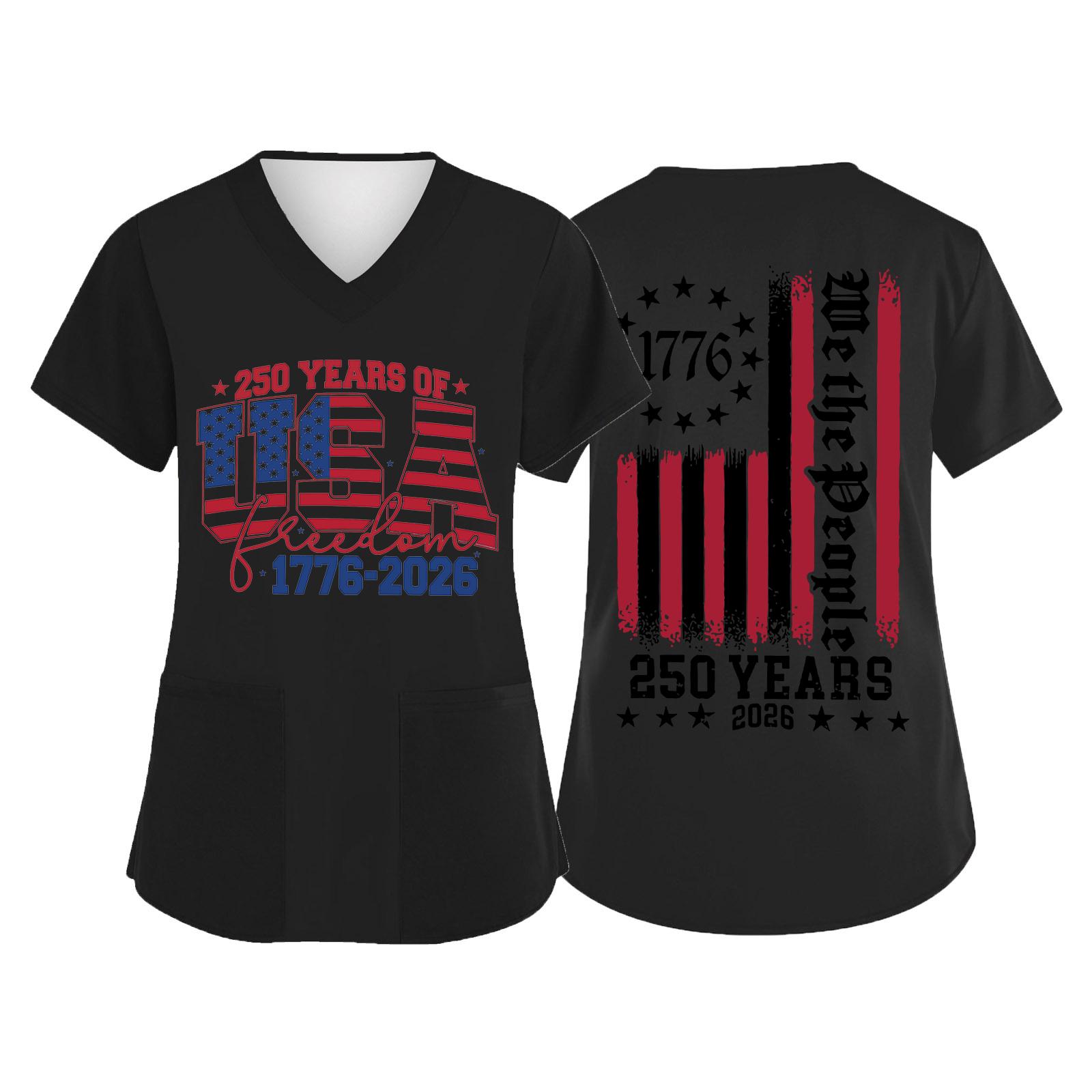 

V Neck Short Sleeve Top with 250 Years USA 1776 2026 Print and We the Graphic for Women Men Work Uniform L чёрный