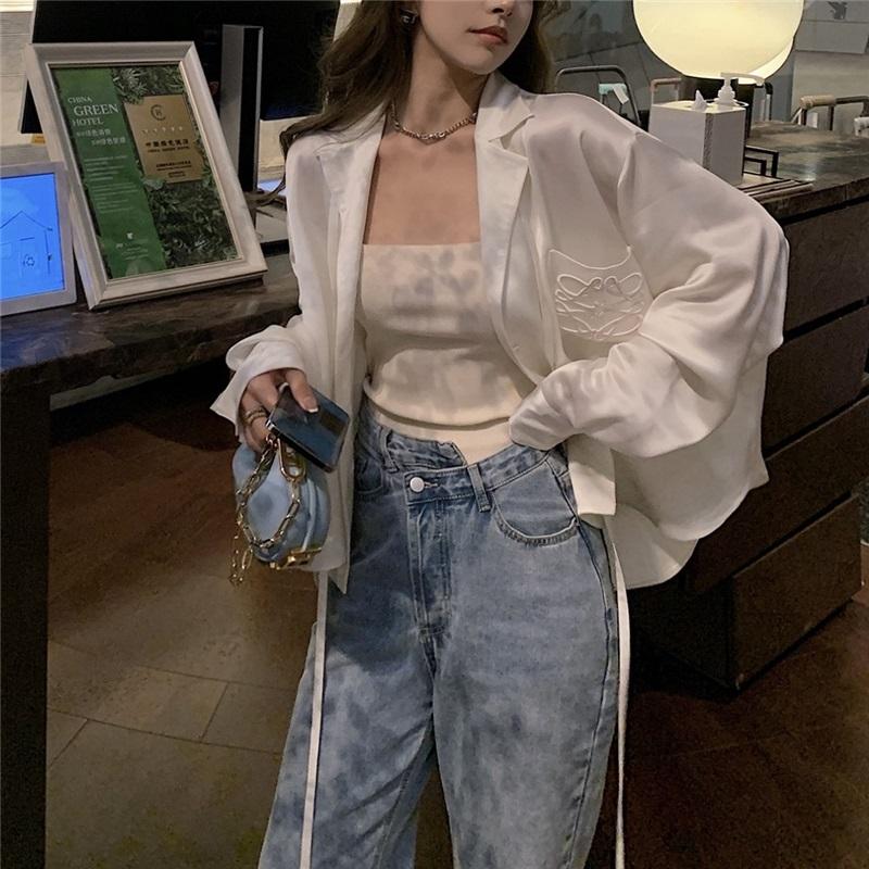 Spring Summer Women's High-End Satin Sheen Embroidered Shirt Blouse Cardigan Luxurious Top