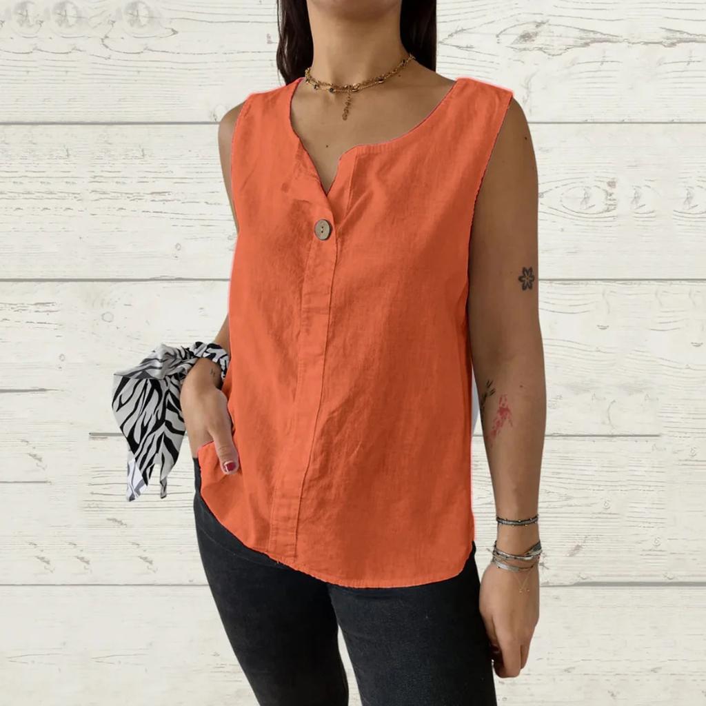 Women's Fashion Loose-Fit V-Neck Cotton-Linen Blend Sleeveless Button-Up Top