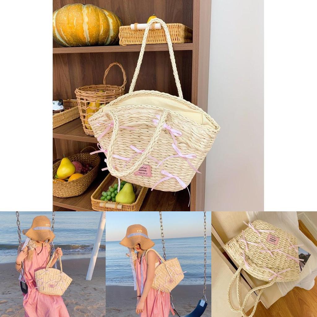 Einfache Rosa Schleife Dekoration Damen Lässige Grasgewebte Handtasche Für Den Täglichen Gebrauch Und Strandausflüge