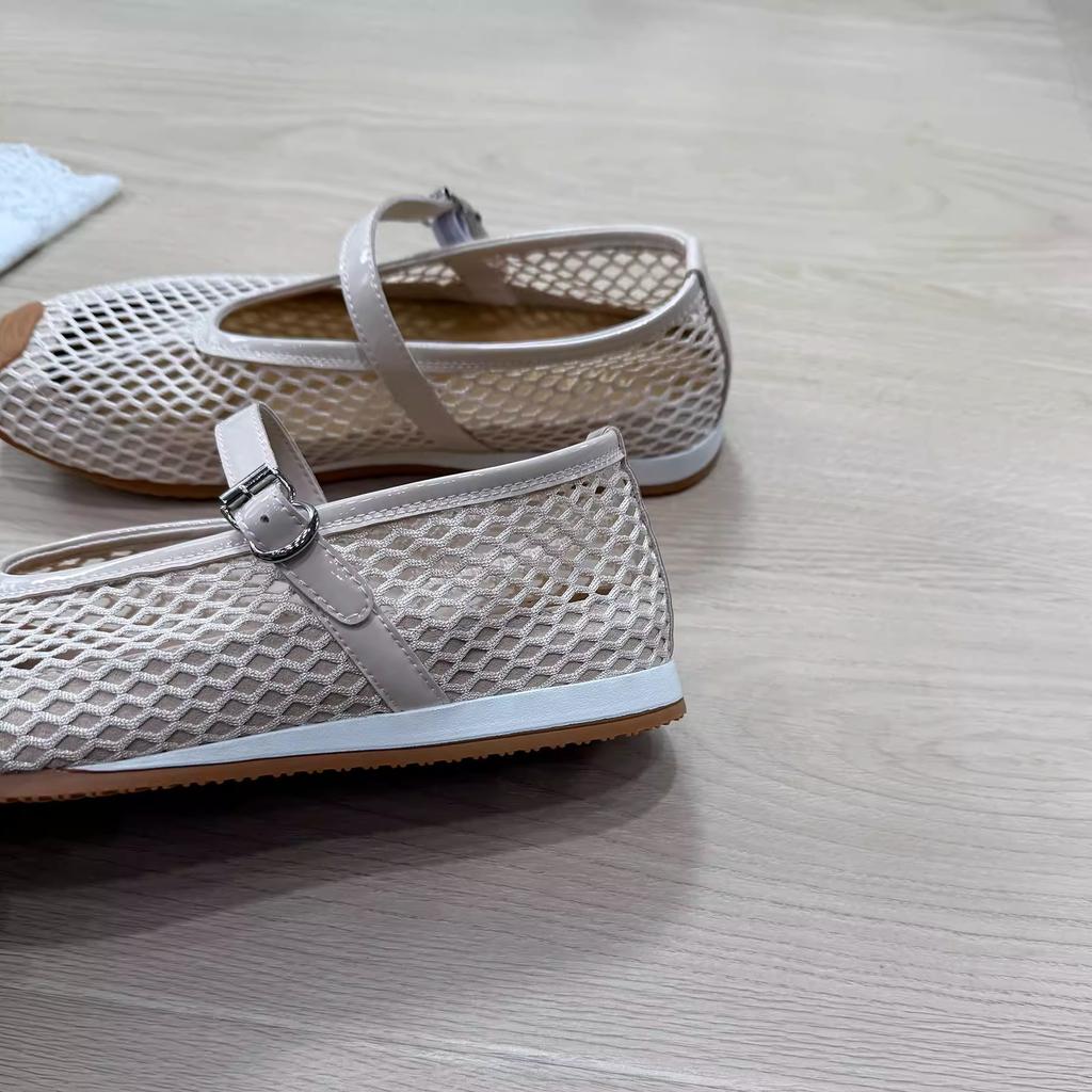 Summer hollow mesh ballet single shoes women's soft sole 2025 new one-word strap flat heel breathable Mary Jane sandals