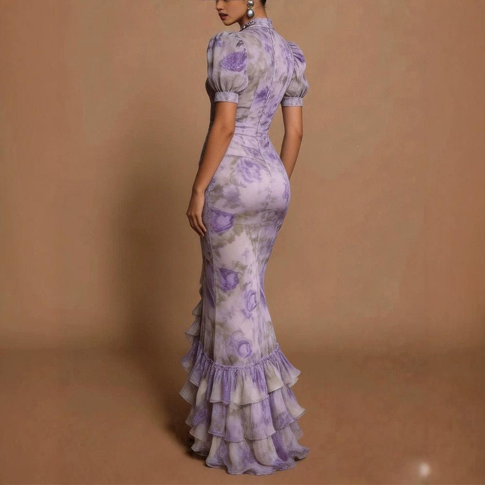 European and American summer printing temperament elegant bubble sleeve floral dress slim irregular fake dress