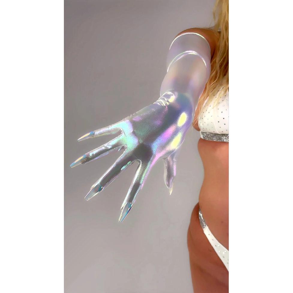 HOLOGRAPHIC Laser NAIL GLOVES Metallic Shiny Blue Touchscreen 70CM Long TECH Thin Elastic Holo Evening Party Glove with Nails