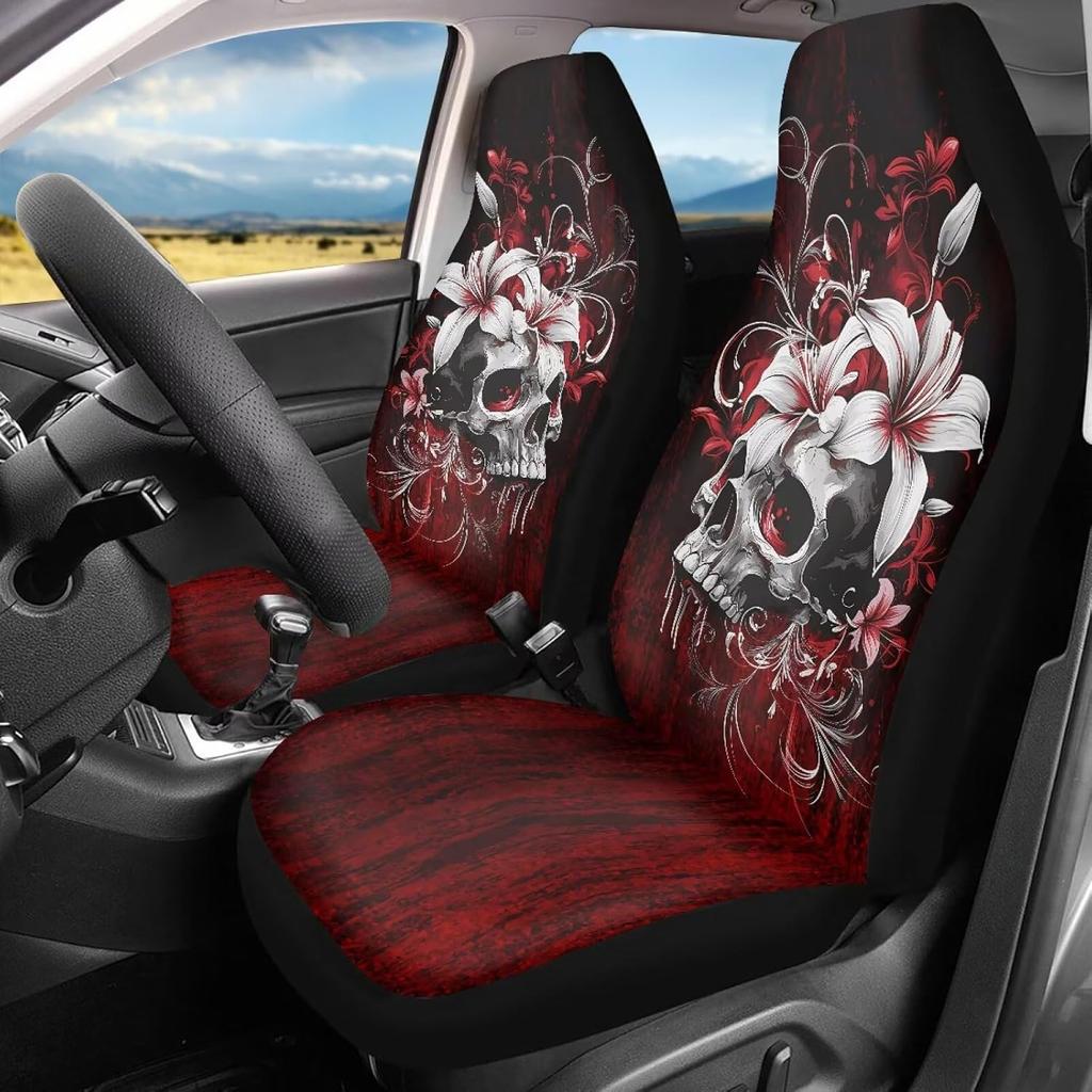 Bulopur Cute Black Gray Skull Set of 2 Car Seat Covers Universal Auto Front Seats Protector Fits for Car,SUV Sedan,Truck