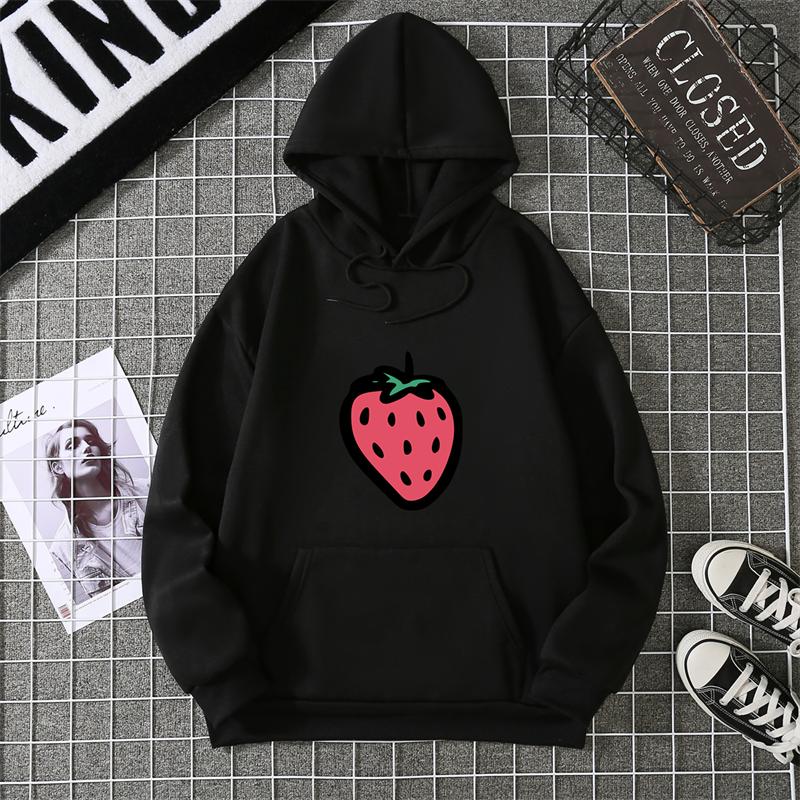Hooded Sweatshirt Strawberry Cartoon Print Street Fashion Model Wearing Black White Unisex Casual Hoodie