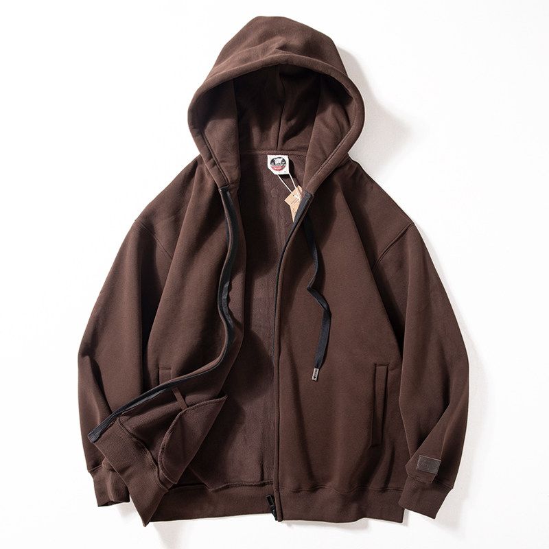 Men s 450g Heavyweight Fleece American Retro Cardigan Jacket Couple s Fleece-Lined Warm Casual Hooded Sweatshirt coffee M