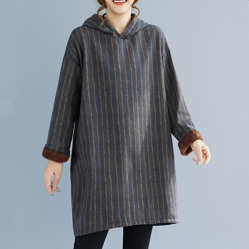 Long Sleeve Plus Size Cotton Hooded Vintage Stripe New In Dresses for Women Casual Loose Mini Spring Autumn Winter Dress