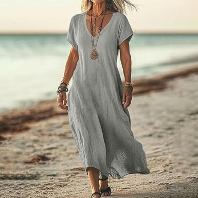 YYFS Women's Fashion Summer Spring Solid Color Print Short Sleeve V-Neck Loose Waistlinet Casual Dresses